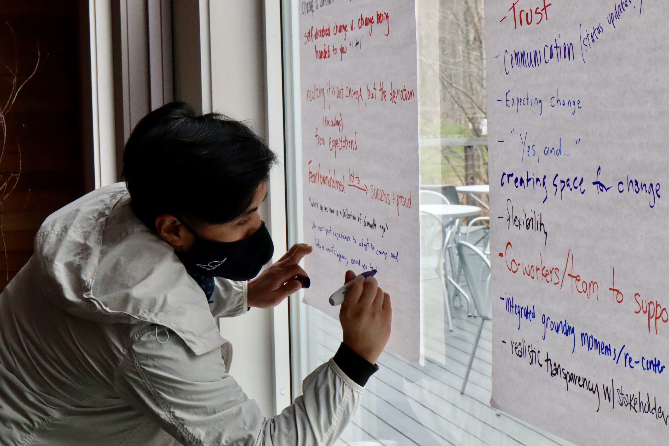 A man wearing a mask adds to two large post its on a window