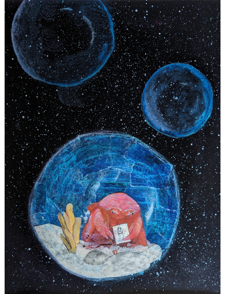 A mixed media piece of a crab holding a tarot card looking solemn as it floats within a bubble in space.